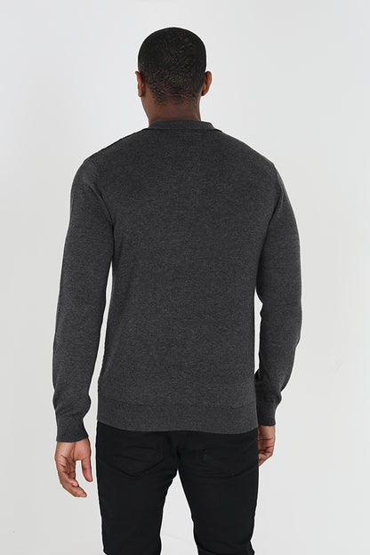 Brave Soul Charcoal Long Sleeve Knitted Polo Shirt - Charcoal Image 2