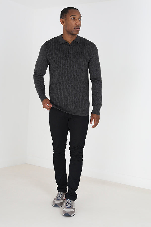 Brave Soul Charcoal Long Sleeve Knitted Polo Shirt - Charcoal Image 3