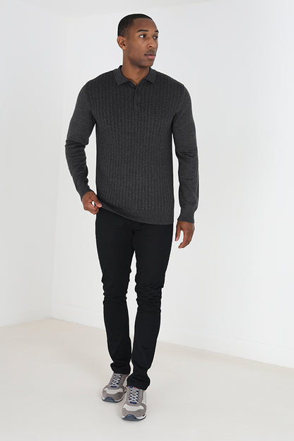 Brave Soul Charcoal Long Sleeve Knitted Polo Shirt - Charcoal Image 3