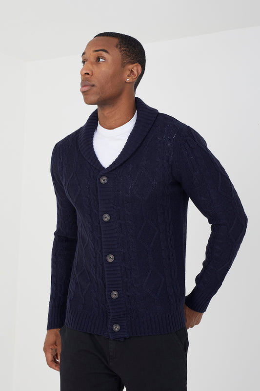 Brave Soul Navy Shawl Neck Cable Knit Cardigan - Navy Image 1
