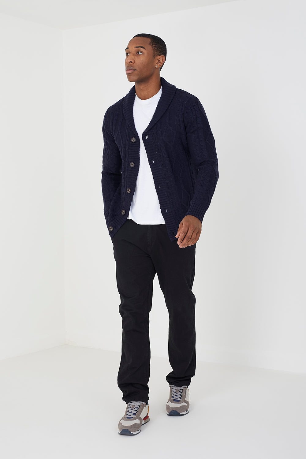 Brave Soul Navy Shawl Neck Cable Knit Cardigan - Navy Image 3