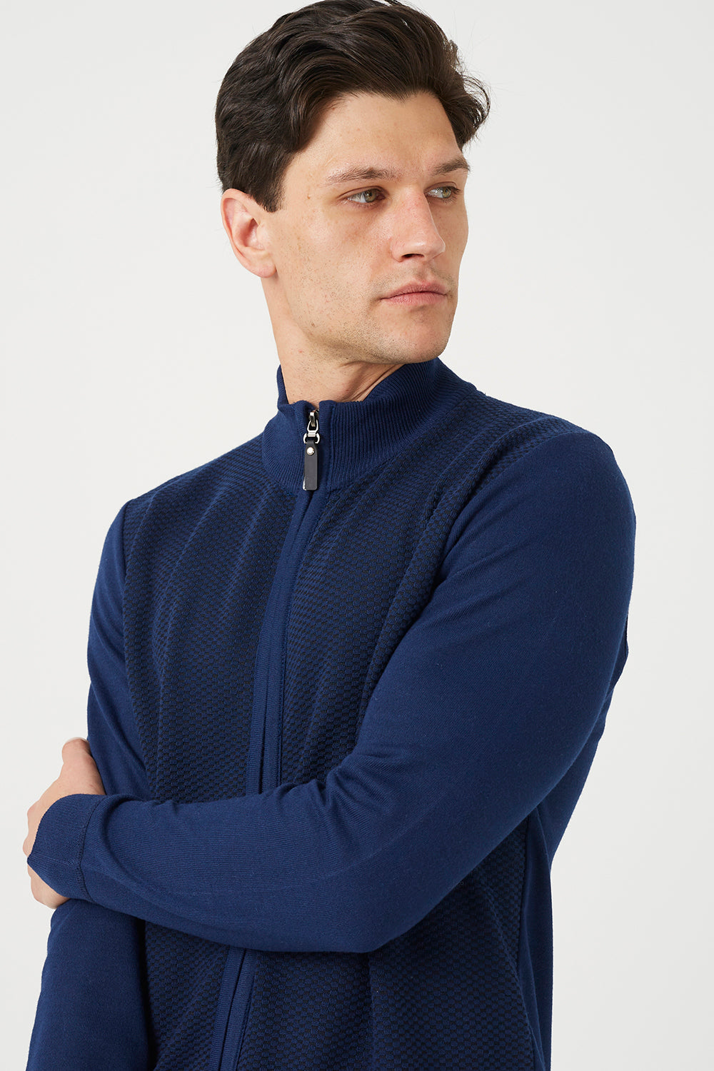 Brave Soul Dark Navy Funnel Neck Zip Through Knitted Cardigan - Dark Navy Image 4