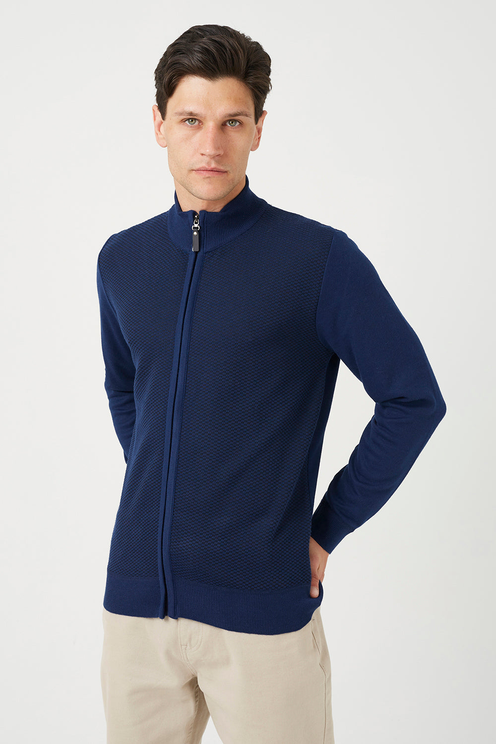 Brave Soul Dark Navy Funnel Neck Zip Through Knitted Cardigan - Dark Navy Image 1