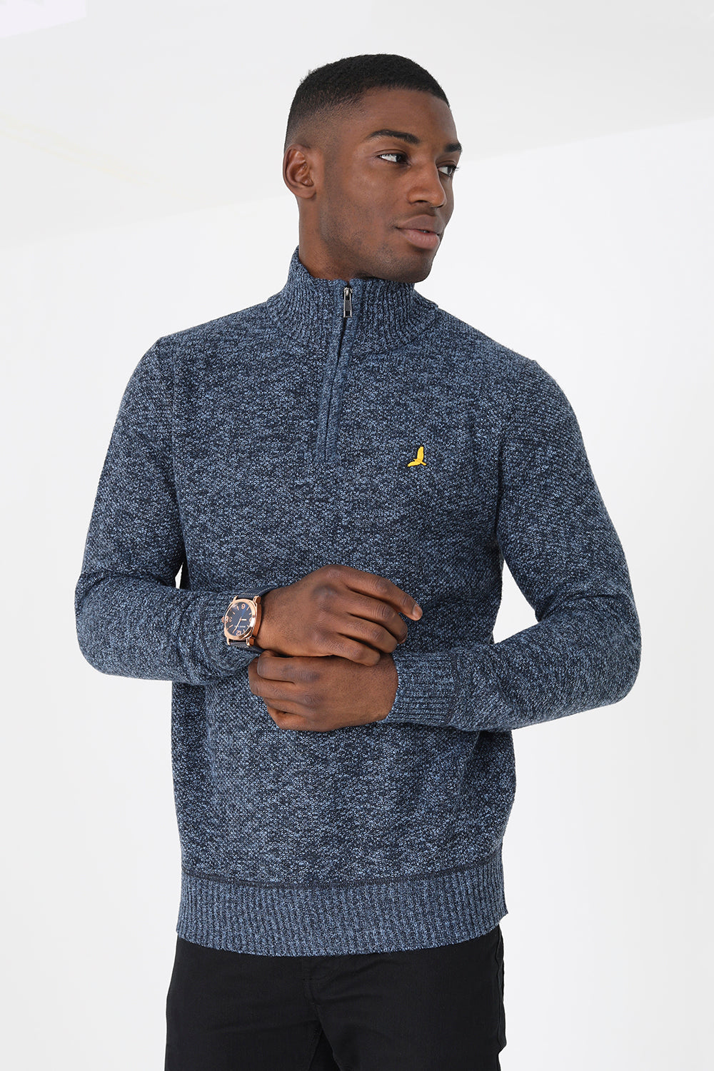 Brave Soul Navy Quarter Zip Knitted Jumper - Navy Image 1
