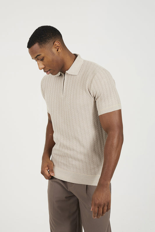 Brave Soul Stone Textured Zip Neck Knitted Polo - Stone Image 1