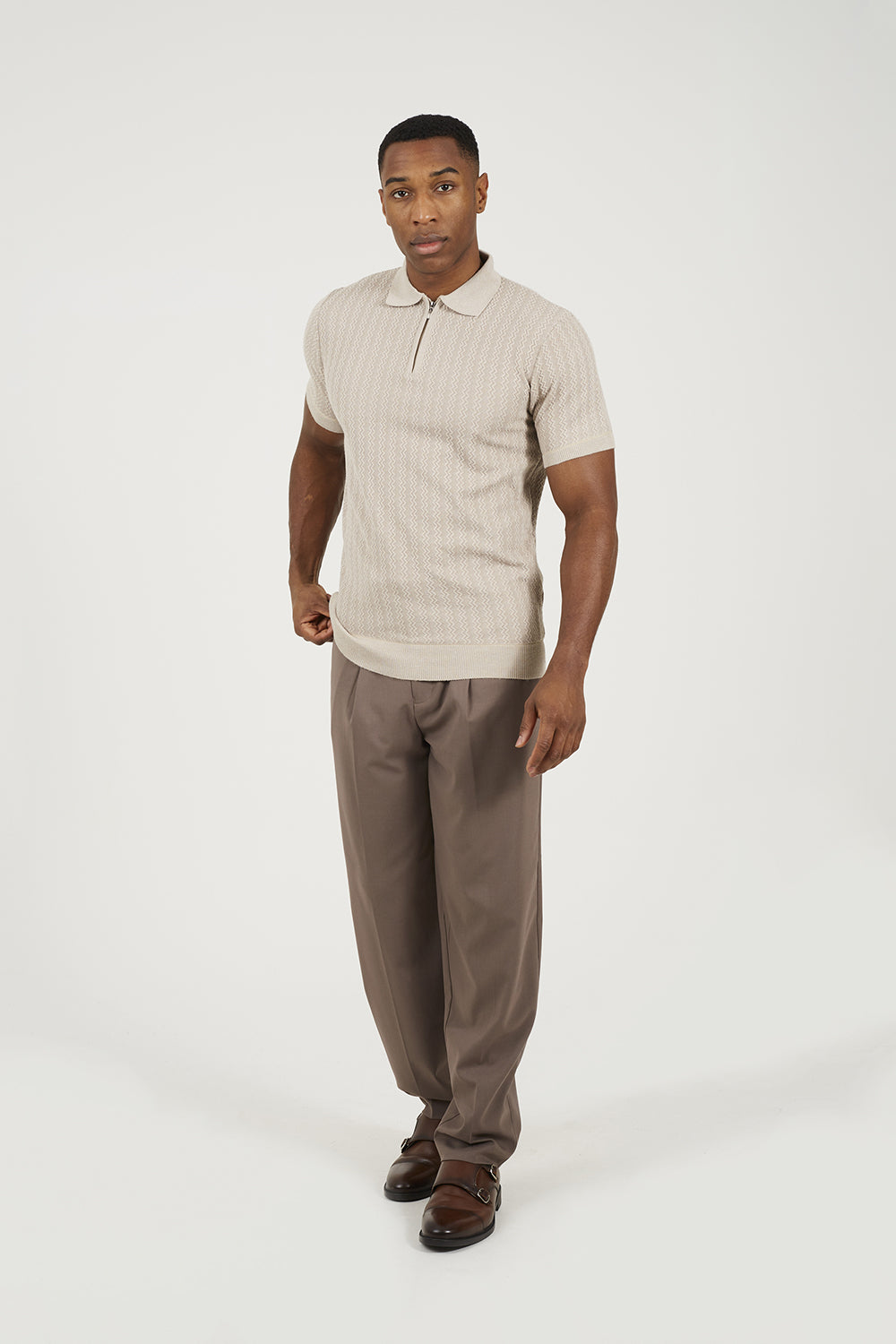 Brave Soul Stone Textured Zip Neck Knitted Polo - Stone Image 3