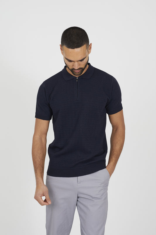 Brave Soul Navy Textured Zip Neck Knitted Polo - Navy Image 1