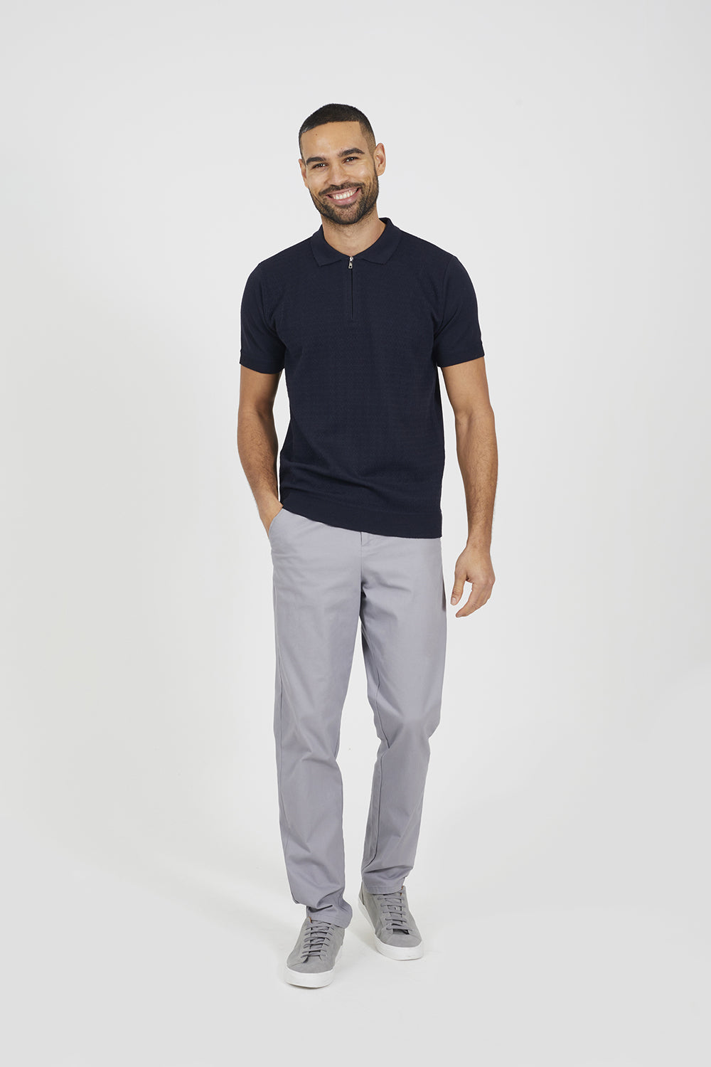 Brave Soul Navy Textured Zip Neck Knitted Polo - Navy Image 3