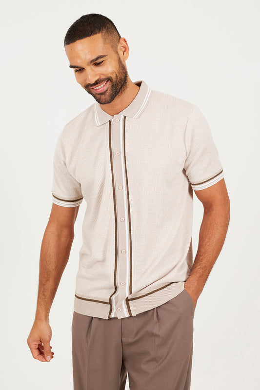 Brave Soul Beige Knitted Short Sleeve Shirt - Beige Image 1