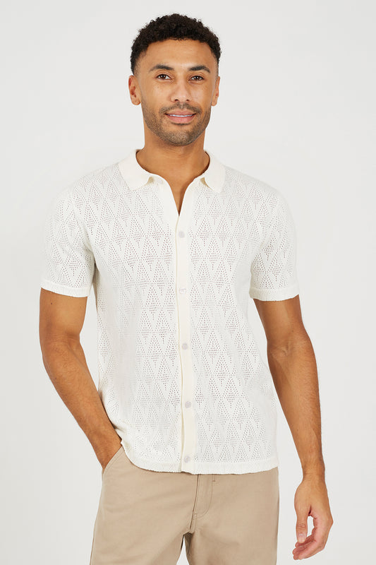 Brave Soul White Revere Collar Knitted Polo Shirt - White Image 1