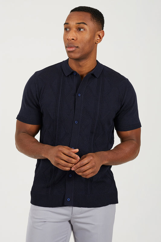 Brave Soul Navy Revere Collar Knitted Polo Shirt - Navy Image 1