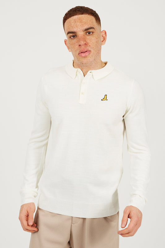 Brave Soul Off White Long Sleeve Knitted Polo Shirt - Off White Image 1