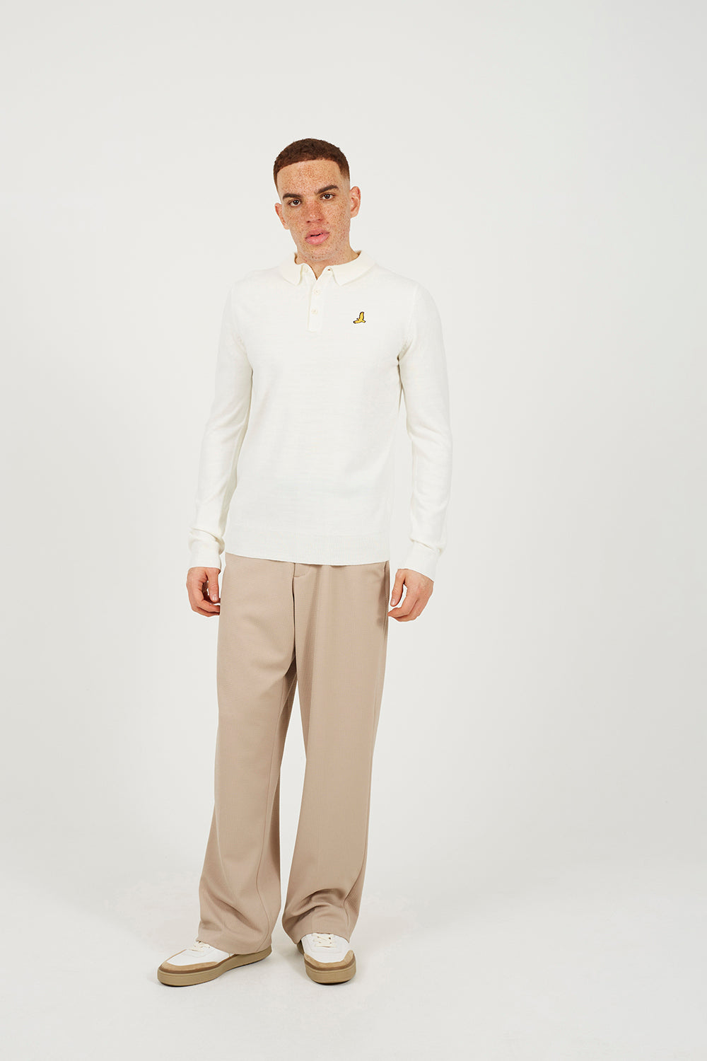 Brave Soul Off White Long Sleeve Knitted Polo Shirt - Off White Image 3