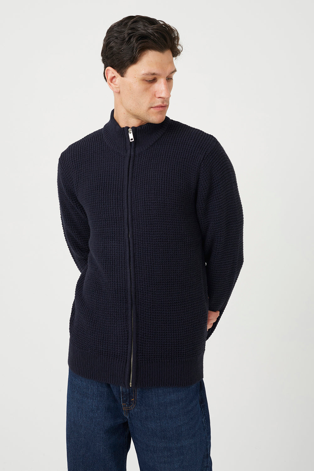 Brave Soul Navy Zip Through Waffle Knit Jumper - Navy Image 1