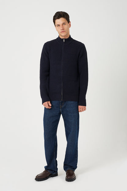 Brave Soul Navy Zip Through Waffle Knit Jumper - Navy Image 3