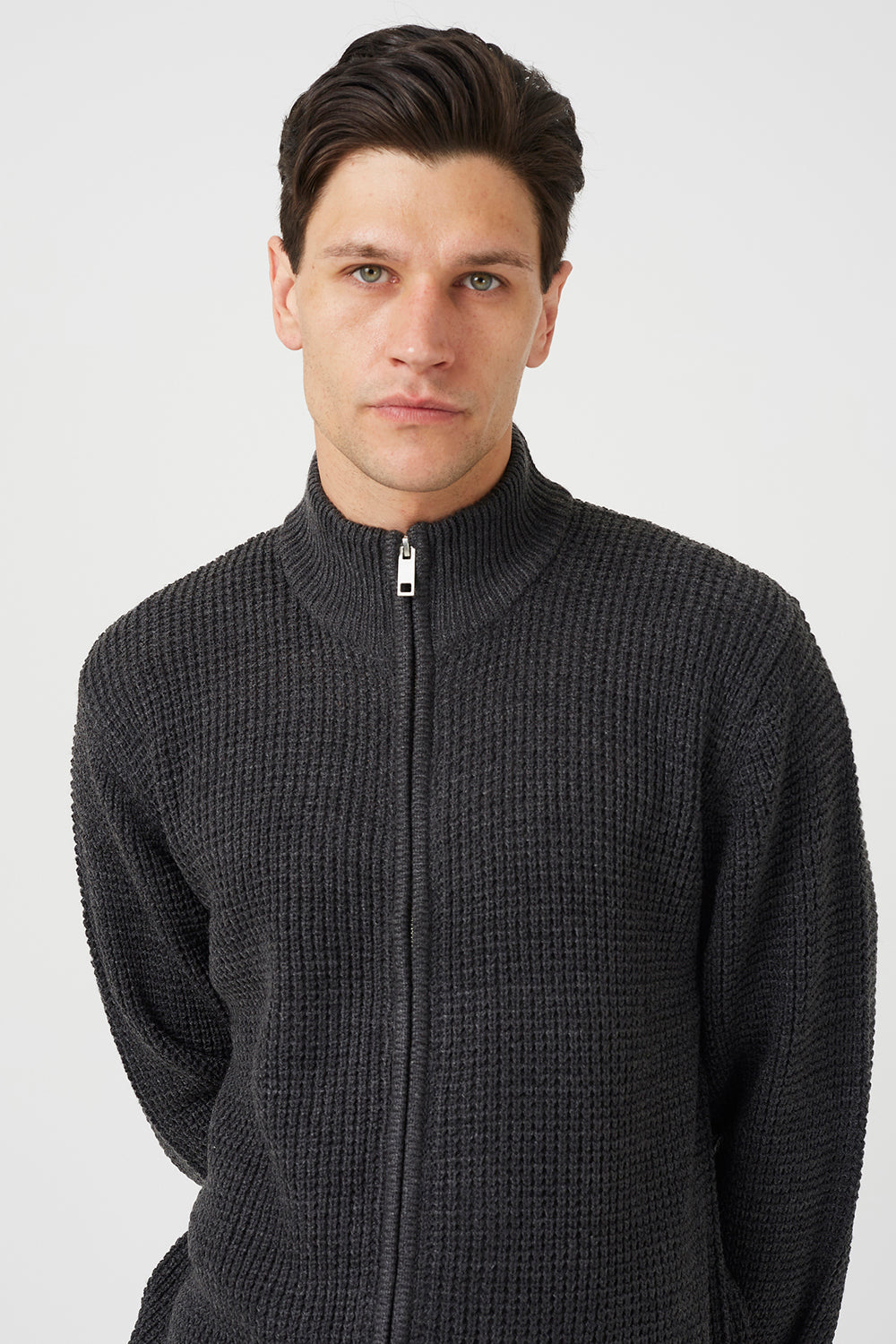 Brave Soul Charcoal Zip Through Waffle Knit Jumper - Charcoal Image 4