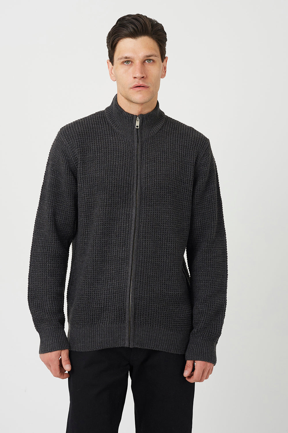 Brave Soul Charcoal Zip Through Waffle Knit Jumper - Charcoal Image 1
