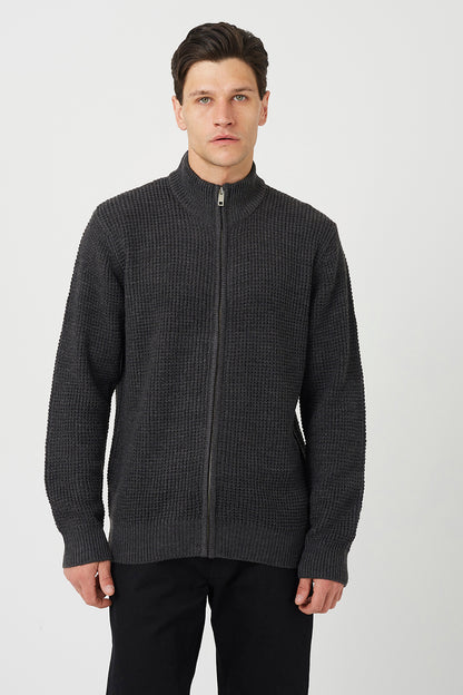 Brave Soul Charcoal Zip Through Waffle Knit Jumper - Charcoal Image 1