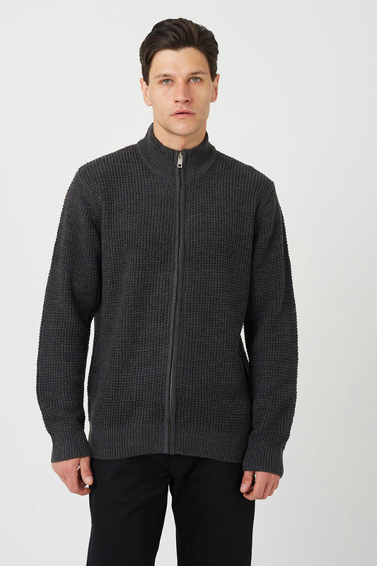 Brave Soul Charcoal Zip Through Waffle Knit Jumper - Charcoal Image 1