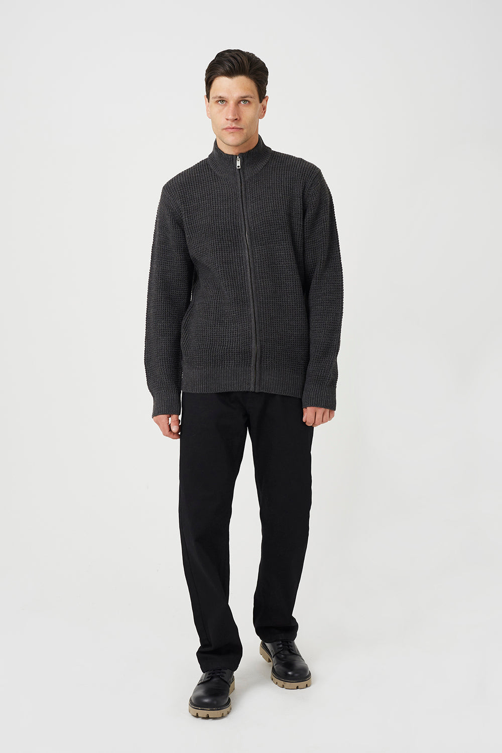 Brave Soul Charcoal Zip Through Waffle Knit Jumper - Charcoal Image 3