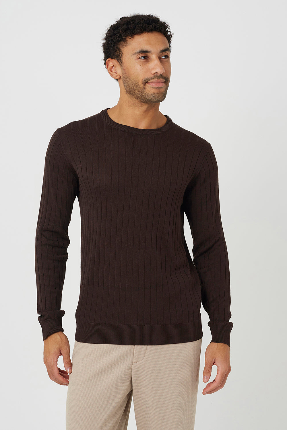 Brave Soul Chocolate Crew Neck Ribbed Jumper - Chocolate Image 1