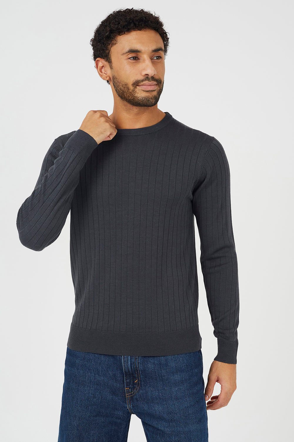 Brave Soul Navy Crew Neck Ribbed Jumper - Navy Image 1