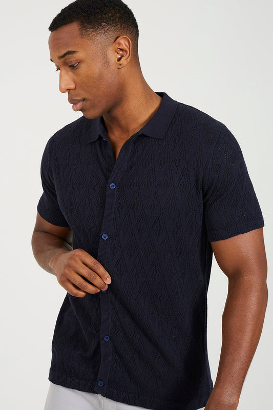 Brave Soul Navy Knitted Polo Shirt - Navy Image 1