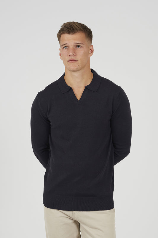 Brave Soul Navy Trophy Neck Knitted Polo - Navy Image 1