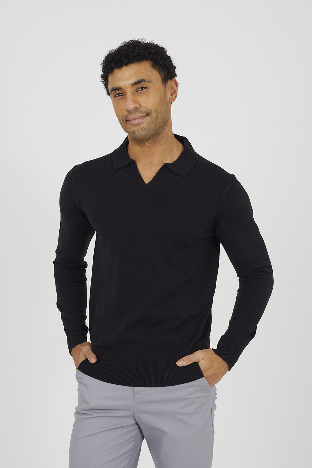 Brave Soul Black Trophy Neck Knitted Polo - Black Image 1