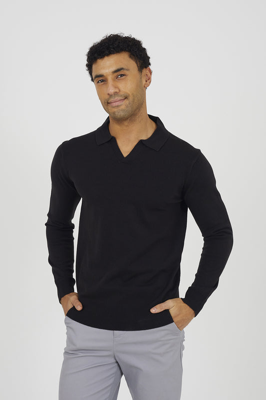 Brave Soul Black Trophy Neck Knitted Polo - Black Image 1