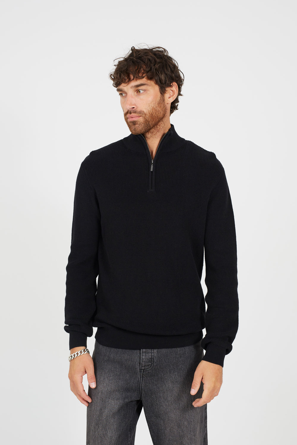Brave Soul Black Cotton Quarter Zip Funnel Neck Knitted Jumper - Black Image 1
