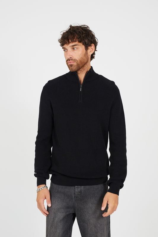 Brave Soul Black Cotton Quarter Zip Funnel Neck Knitted Jumper - Black Image 1