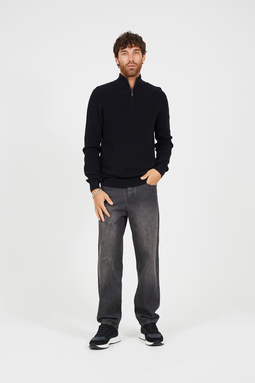 Brave Soul Black Cotton Quarter Zip Funnel Neck Knitted Jumper - Black Image 3