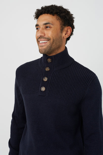 Brave Soul Navy Funnel Neck Jumper With Buttons - Navy Image 4