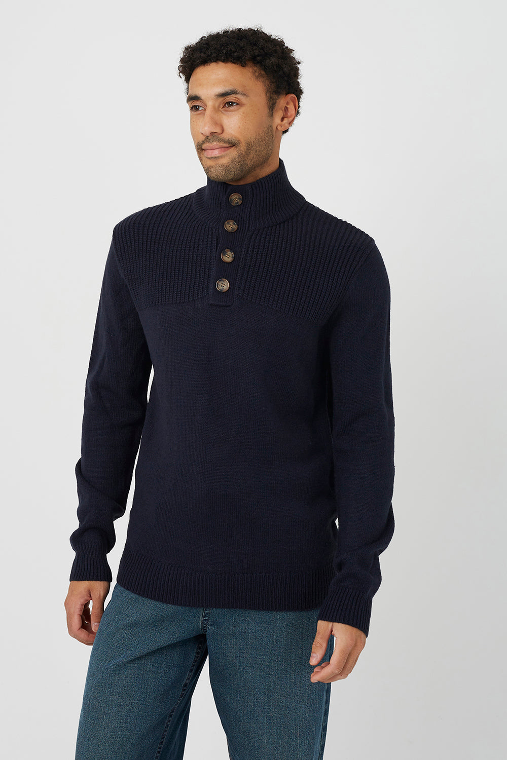 Brave Soul Navy Funnel Neck Jumper With Buttons - Navy Image 1