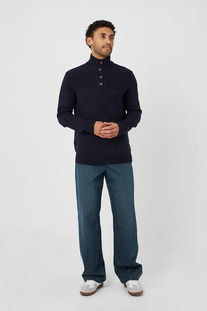 Brave Soul Navy Funnel Neck Jumper With Buttons - Navy Image 3