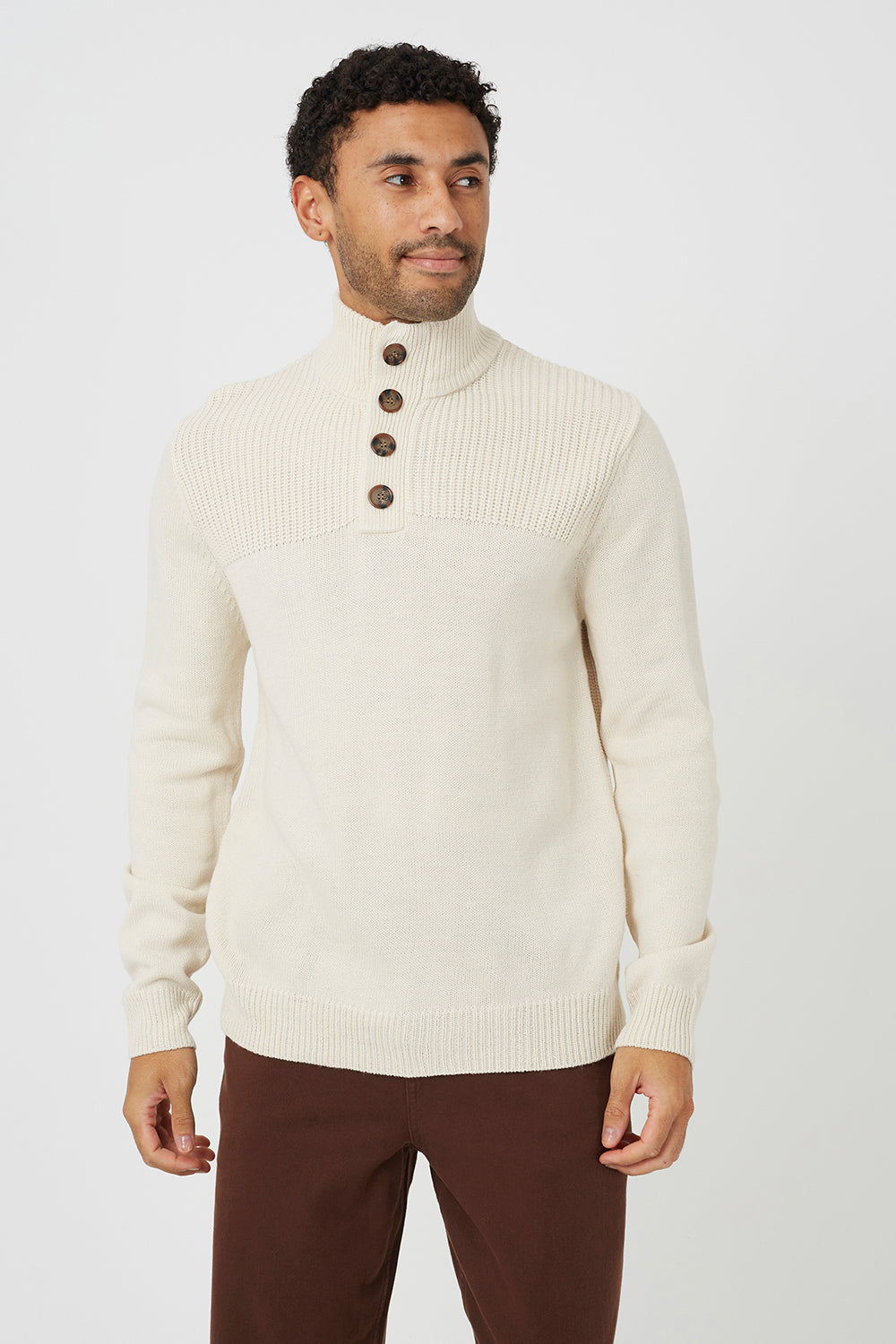Brave Soul Light Stone Funnel Neck Jumper With Buttons - Light Stone Image 1