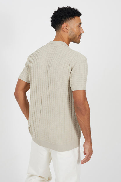 Brave Soul Light Stone Revere Collar Knitted Short Sleeve Shirt - Light Stone Image 2