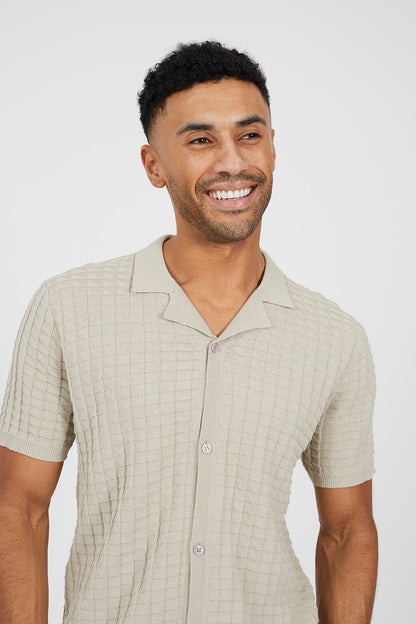 Brave Soul Light Stone Revere Collar Knitted Short Sleeve Shirt - Light Stone Image 4
