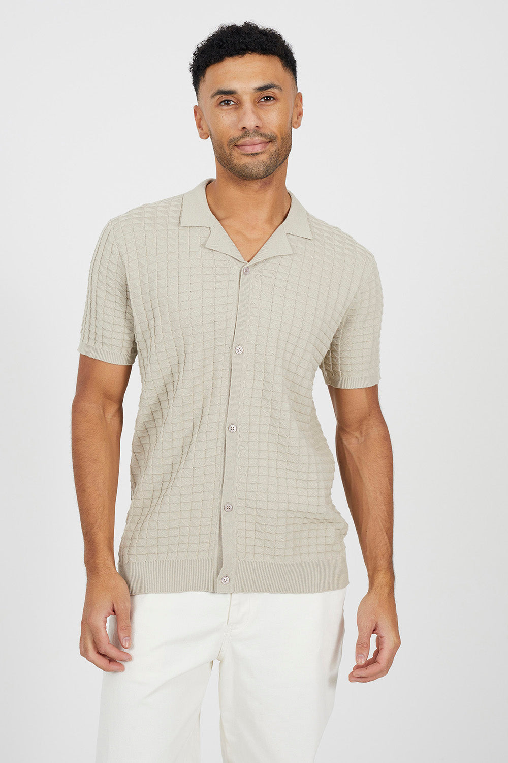 Brave Soul Light Stone Revere Collar Knitted Short Sleeve Shirt - Light Stone Image 1