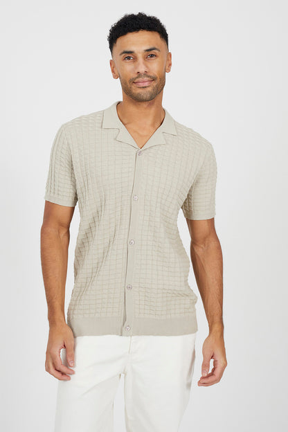 Brave Soul Light Stone Revere Collar Knitted Short Sleeve Shirt - Light Stone Image 1