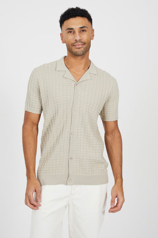 Brave Soul Light Stone Revere Collar Knitted Short Sleeve Shirt - Light Stone Image 1