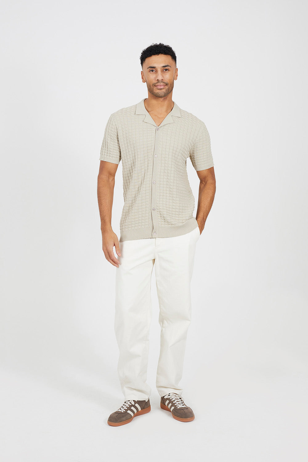 Brave Soul Light Stone Revere Collar Knitted Short Sleeve Shirt - Light Stone Image 3