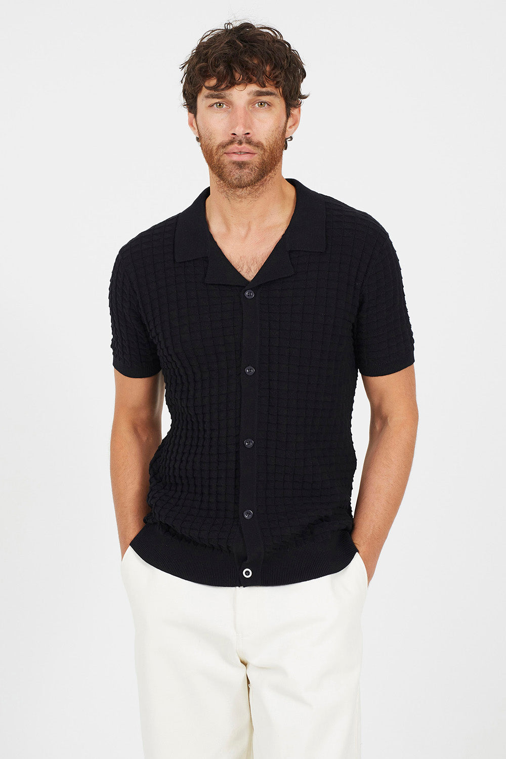 Brave Soul Black Revere Collar Knitted Short Sleeve Shirt - Black Image 1