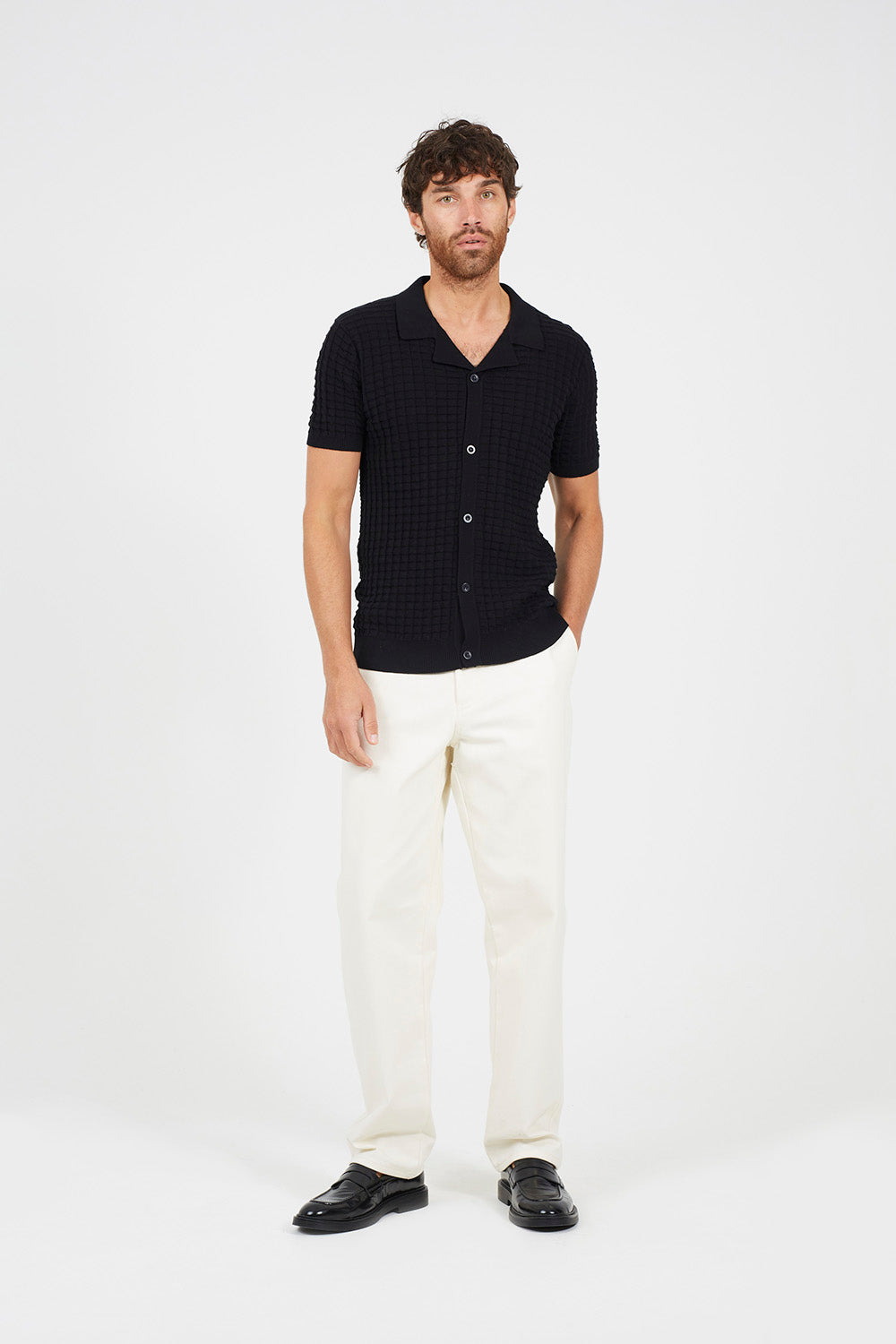 Brave Soul Black Revere Collar Knitted Short Sleeve Shirt - Black Image 3