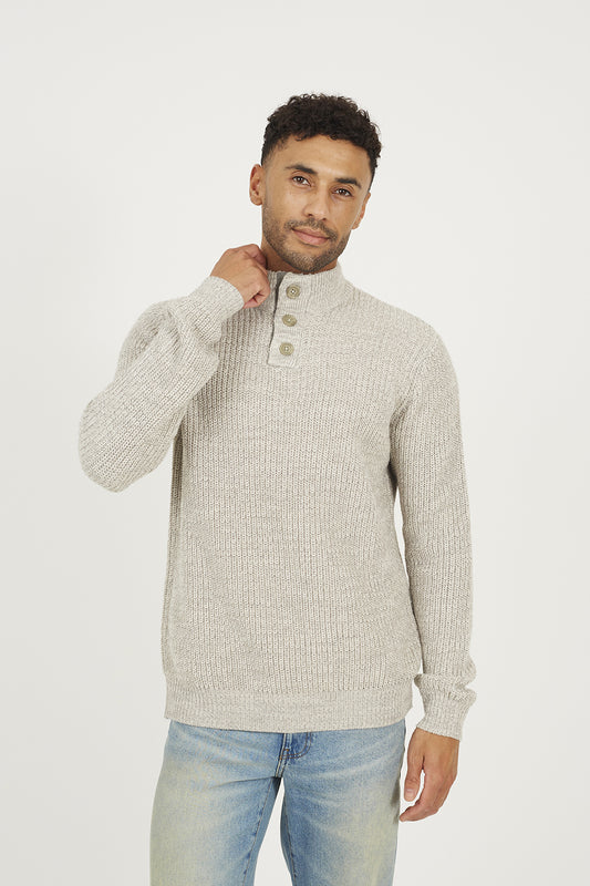 Brave Soul Natural Funnel Neck Jumper with Buttons - Natural Image 1