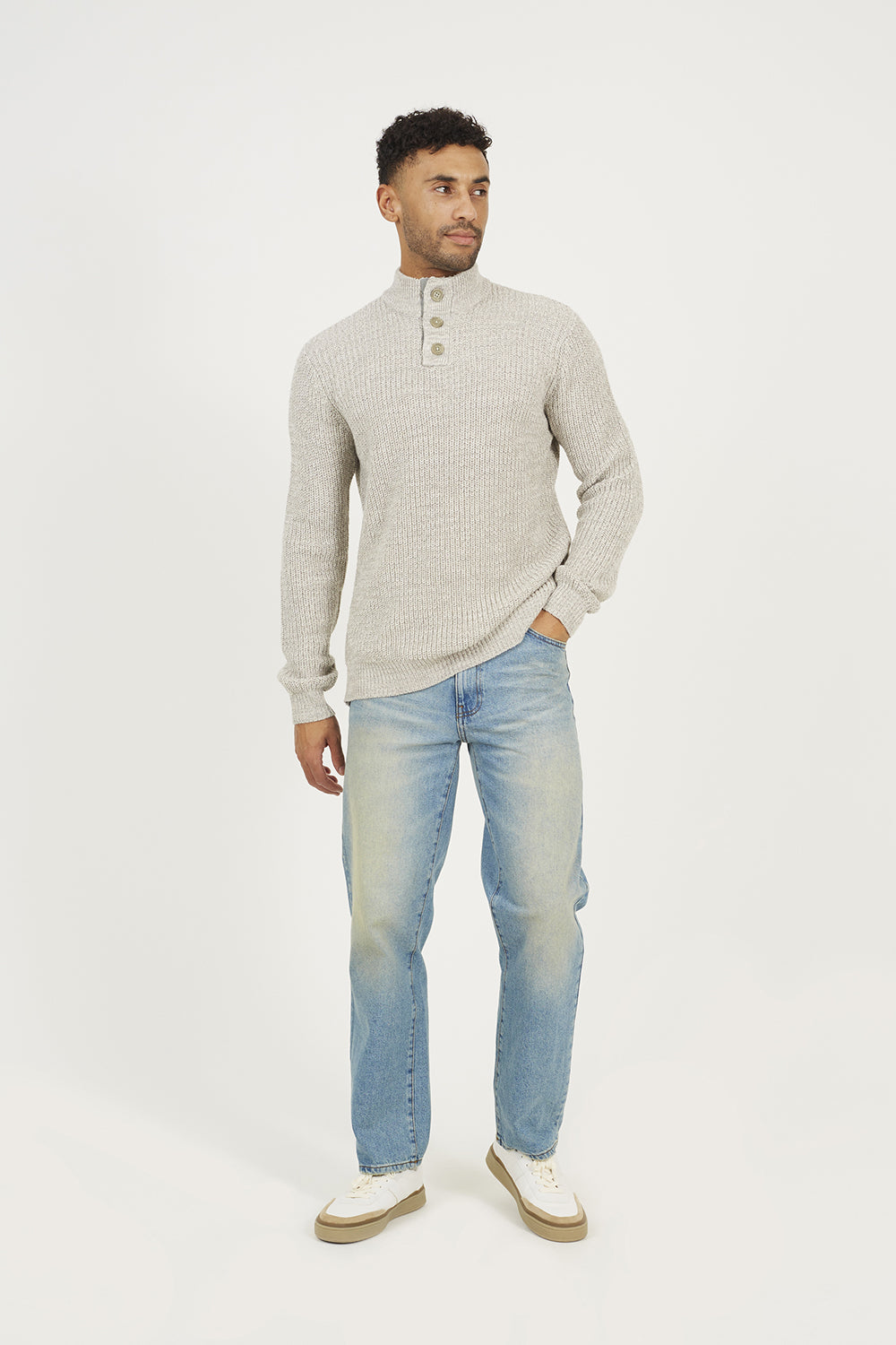 Brave Soul Natural Funnel Neck Jumper with Buttons - Natural Image 3