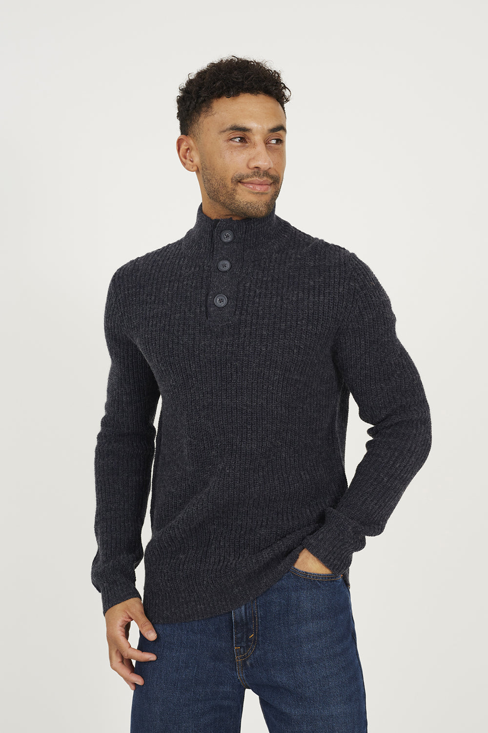 Brave Soul Navy Funnel Neck Jumper with Buttons - Navy Image 1