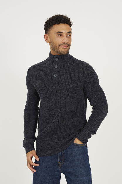 Brave Soul Navy Funnel Neck Jumper with Buttons - Navy Image 1