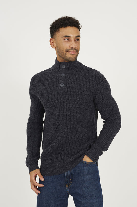 Brave Soul Navy Funnel Neck Jumper with Buttons - Navy Image 1
